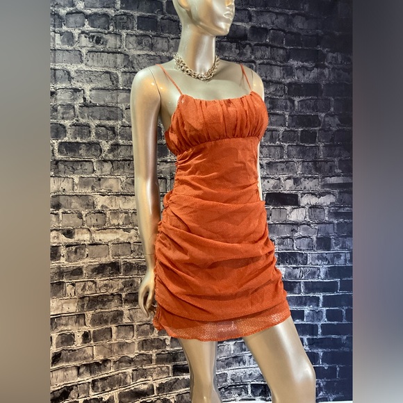 Rust Orange Burnout Velvet Ruched Mini Dress - Picture 5 of 11